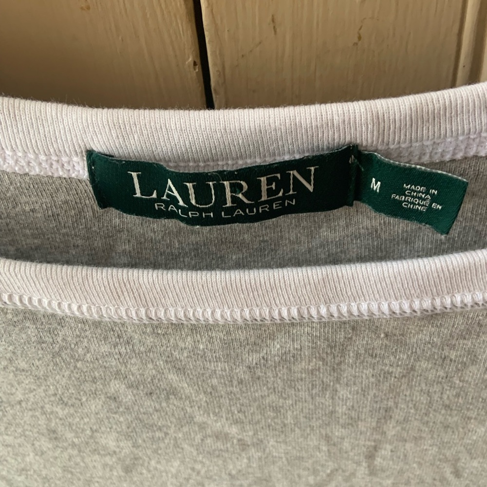 Gray and white size medium woman’s Ralph Lauren’s shirt.